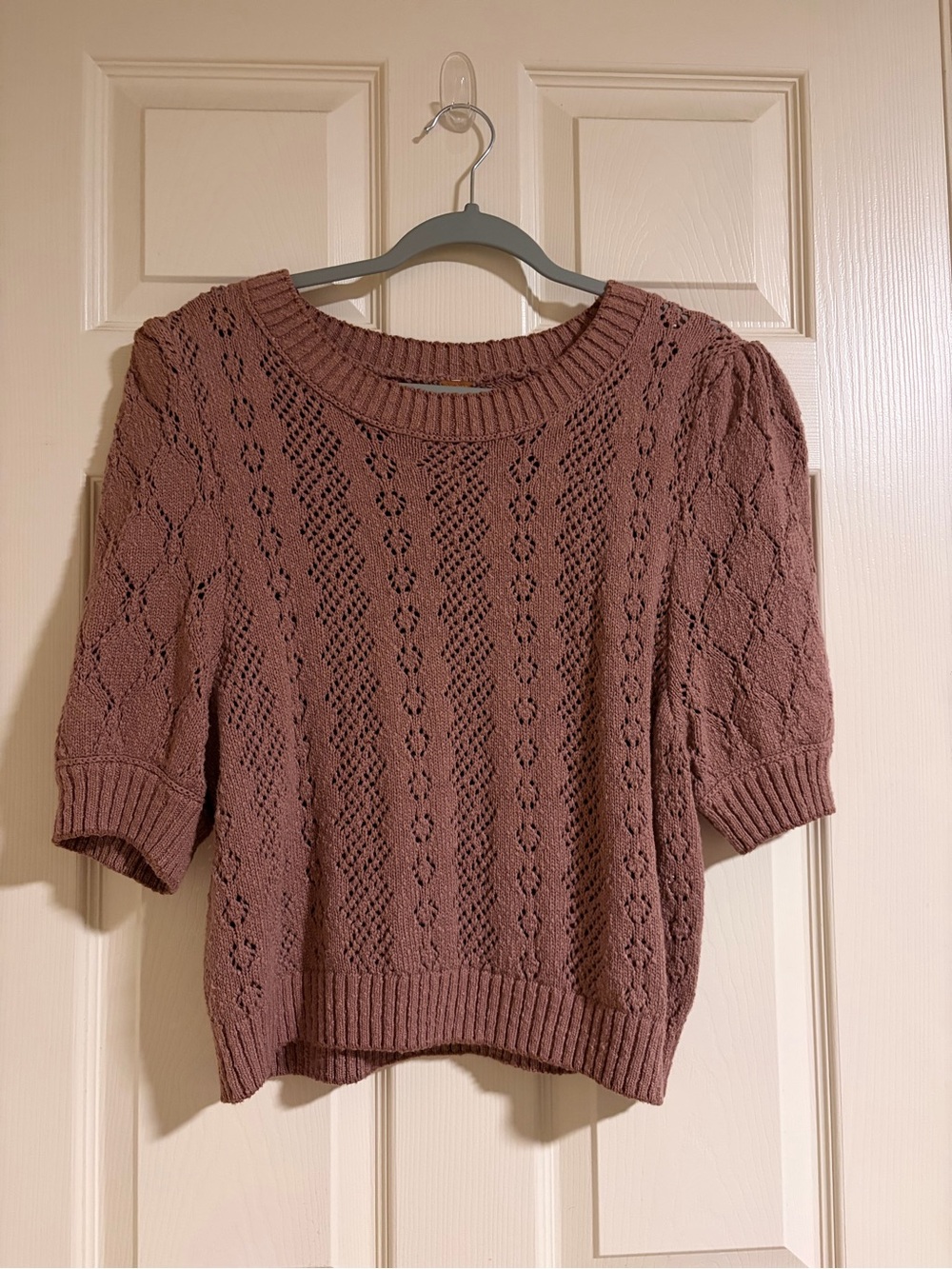 Free People Dusty Mauve Openwork Short Sleeve Knit Top